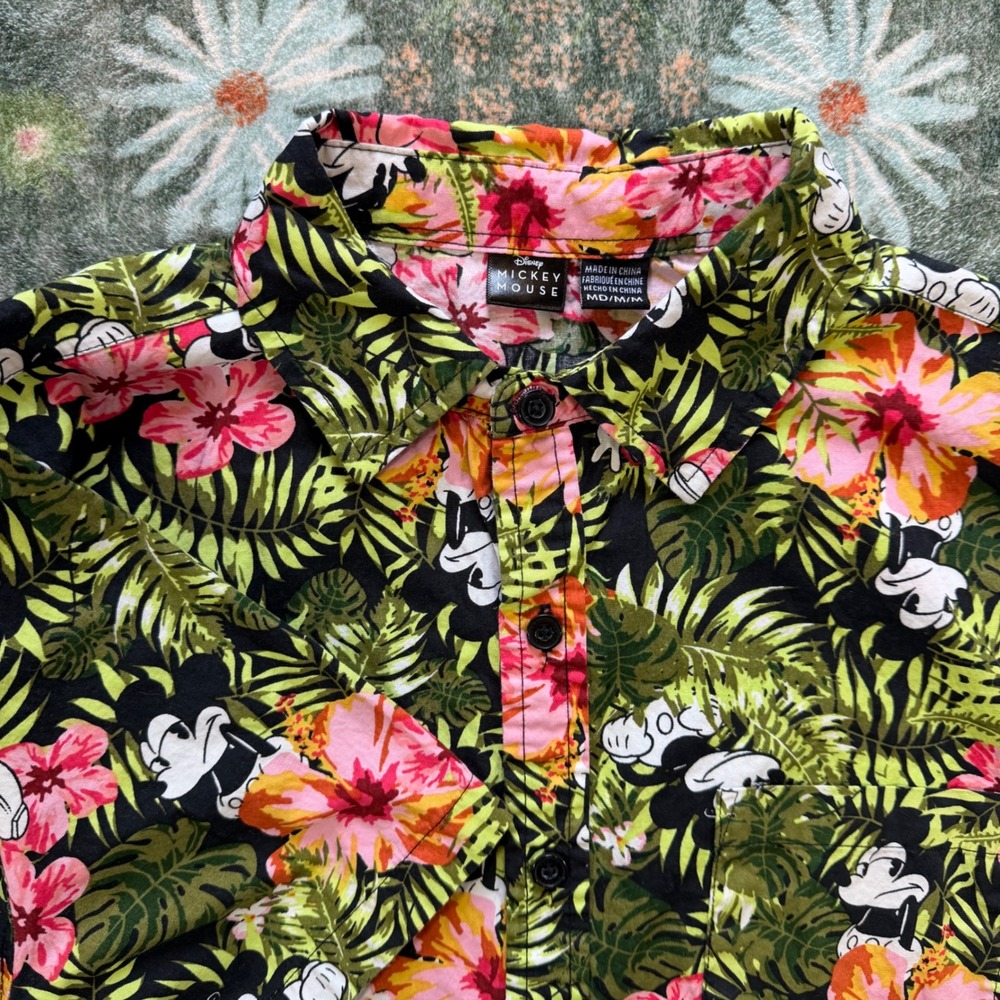 Disney Mickey Mouse Mens Tropical Hawaiian Hibiscus Button Up Shirt Medium Black